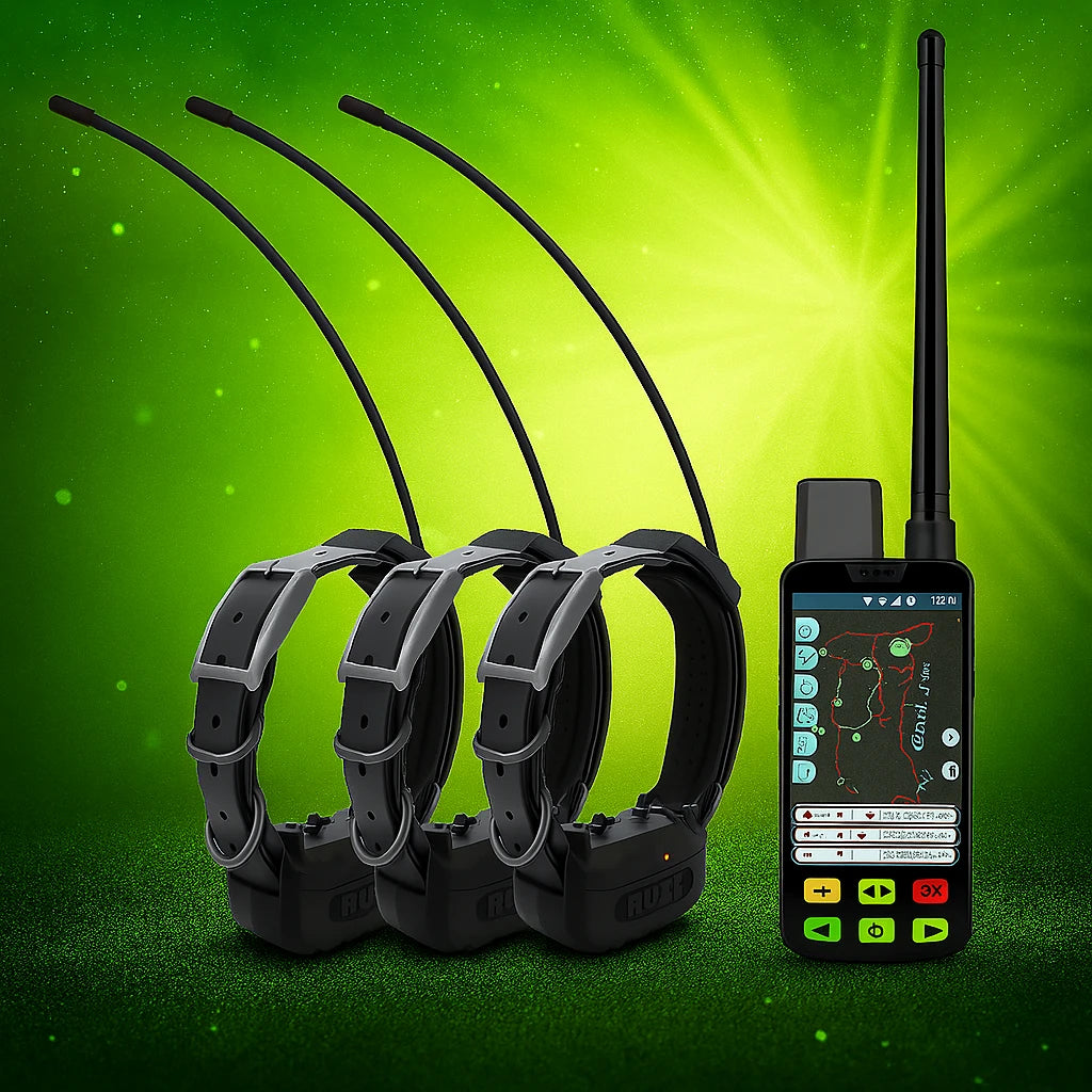Dog training collar system with remote control on a green background