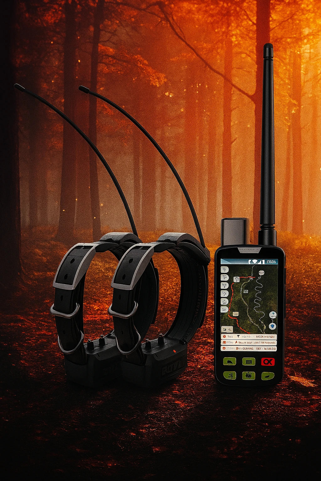 Two dog collars with antennas and a remote control device on a forest background.