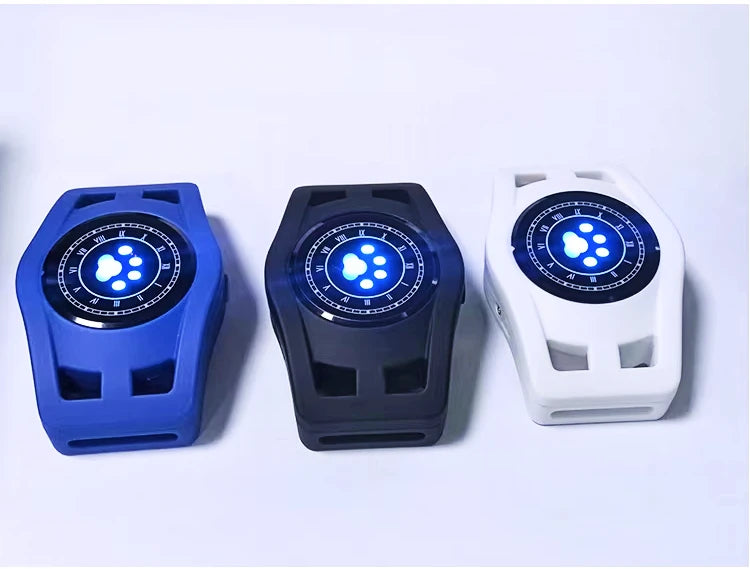 Three electronic devices with circular blue lights on a white background