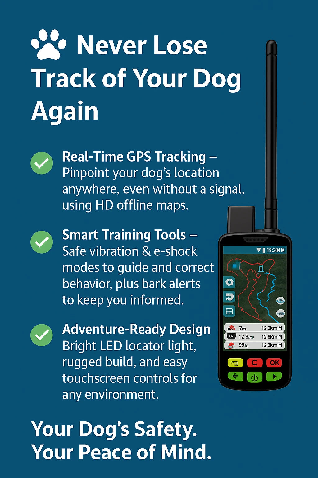 Dog tracking device with features listed on a blue background