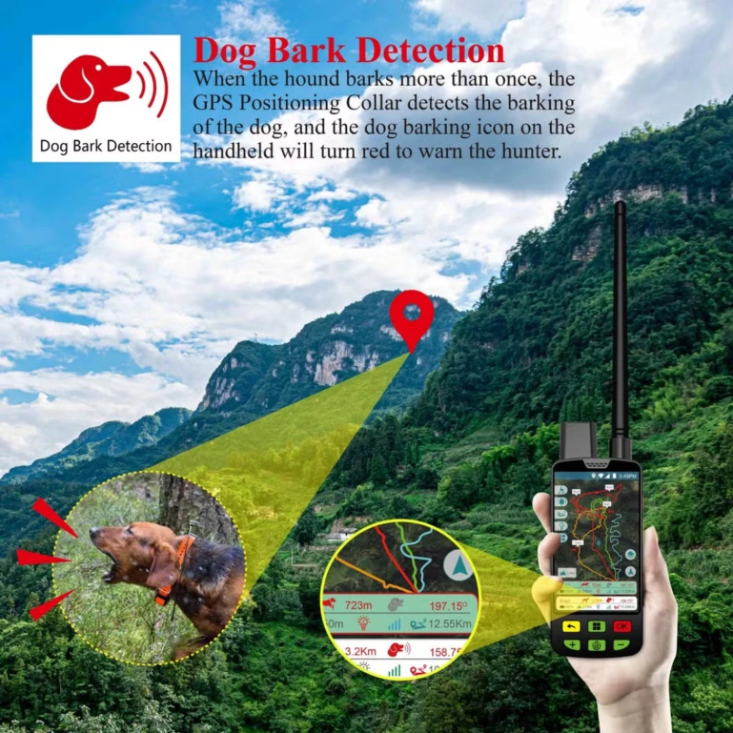 GPS positioning collar with dog bark detection feature against a mountainous background