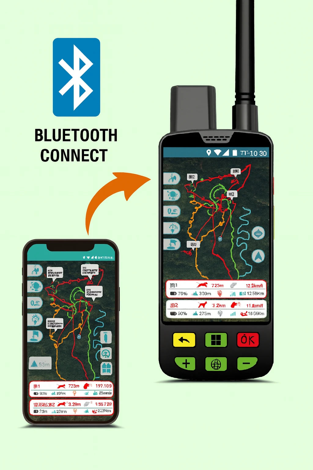 Two electronic devices with Bluetooth connectivity on a light green background