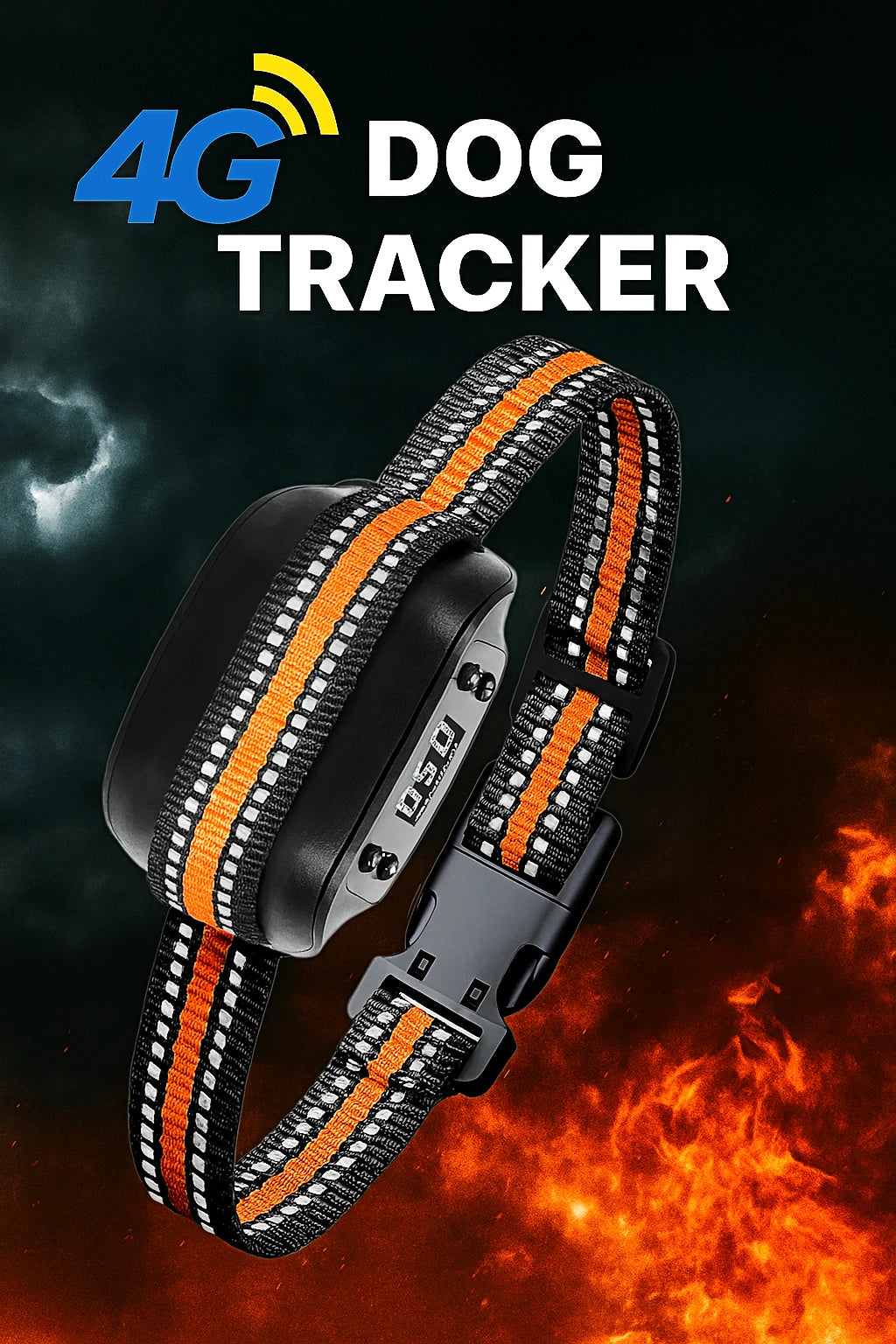 4G dog tracker with orange and black strap on a fiery background