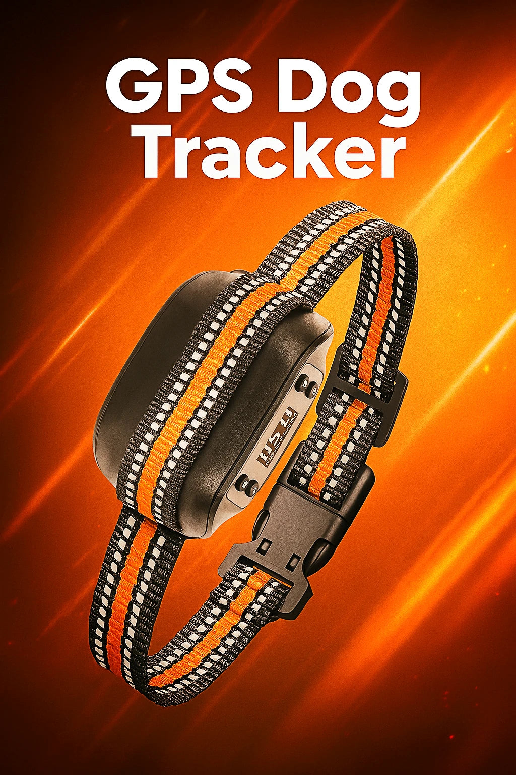 GPS dog tracker on an orange background with text