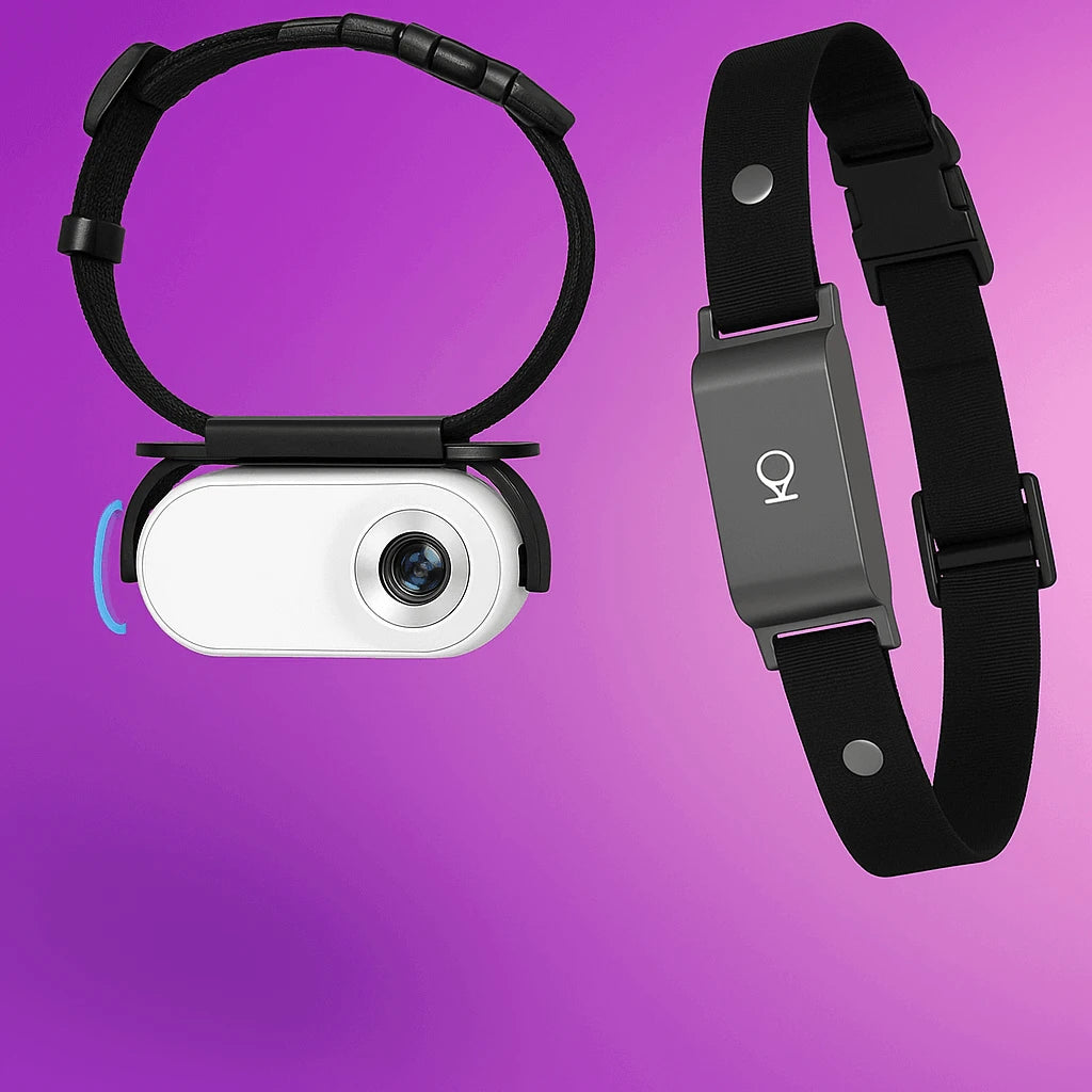 Pet tracking device with camera and black collar on a purple gradient background