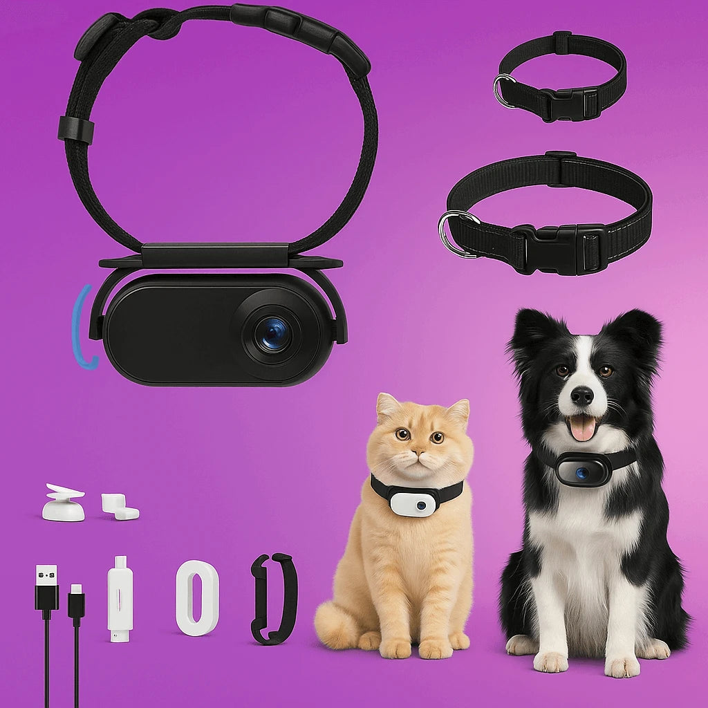 Pet tracking device with accessories on a purple background