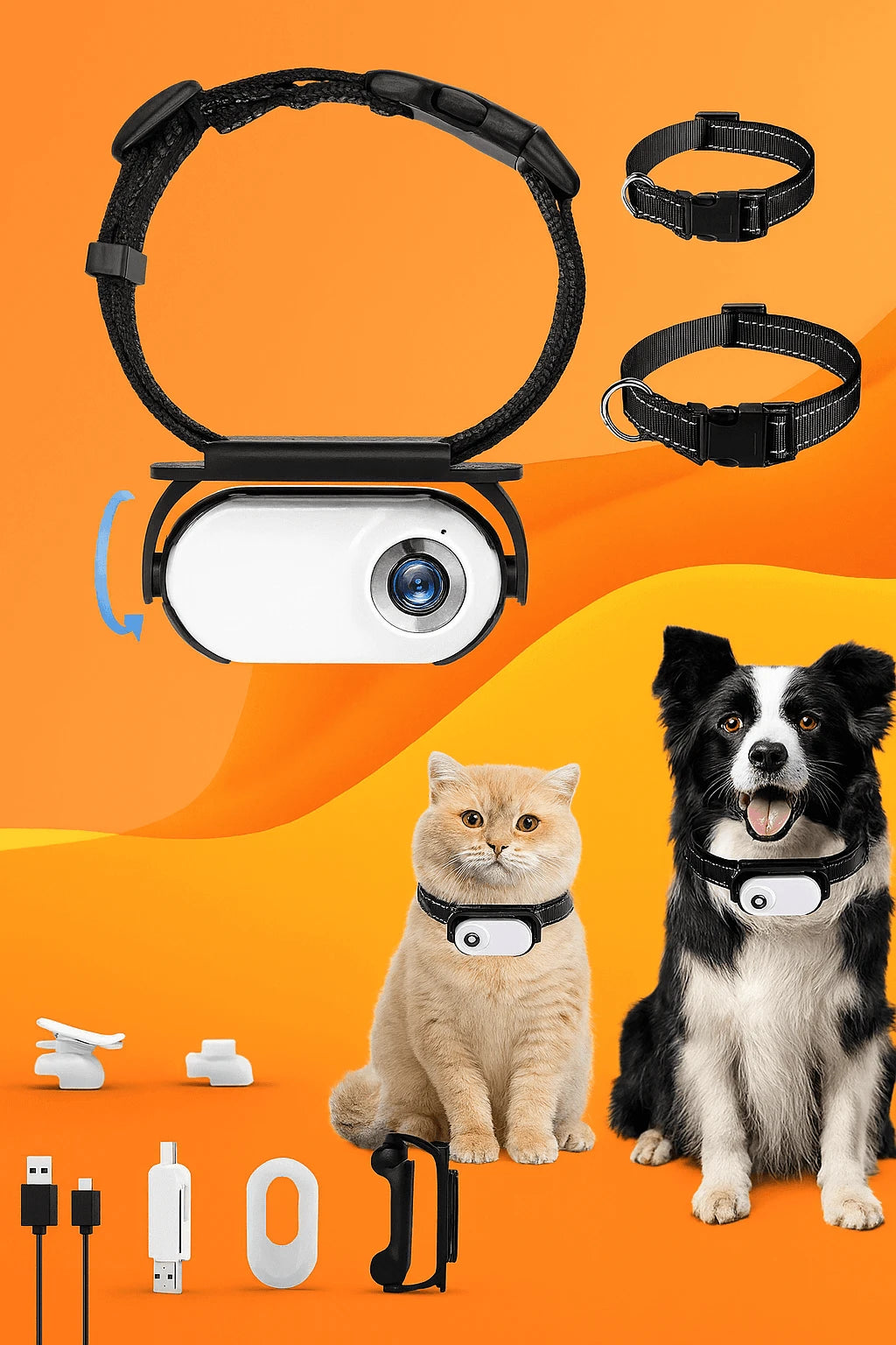 Pet tracking device with collars on an orange background