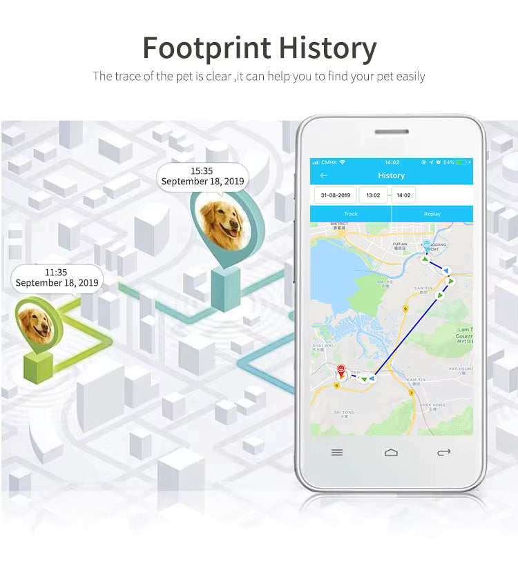 Smartphone displaying a pet tracking app with a map and timeline on a white background