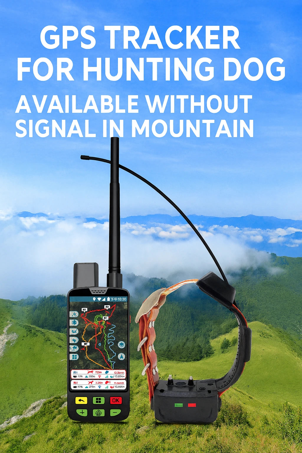 GPS tracker for hunting dog with a mountain background
