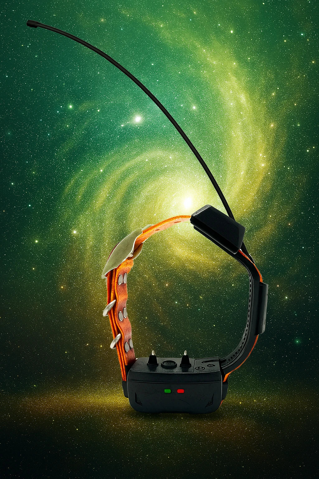 Dog GPS collar against a space-themed background