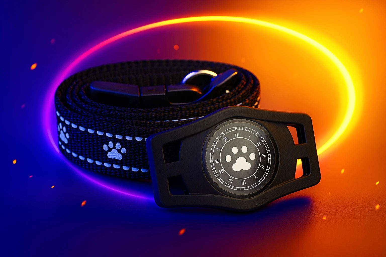 Dog collar with glowing blue light on a gradient orange to purple background
