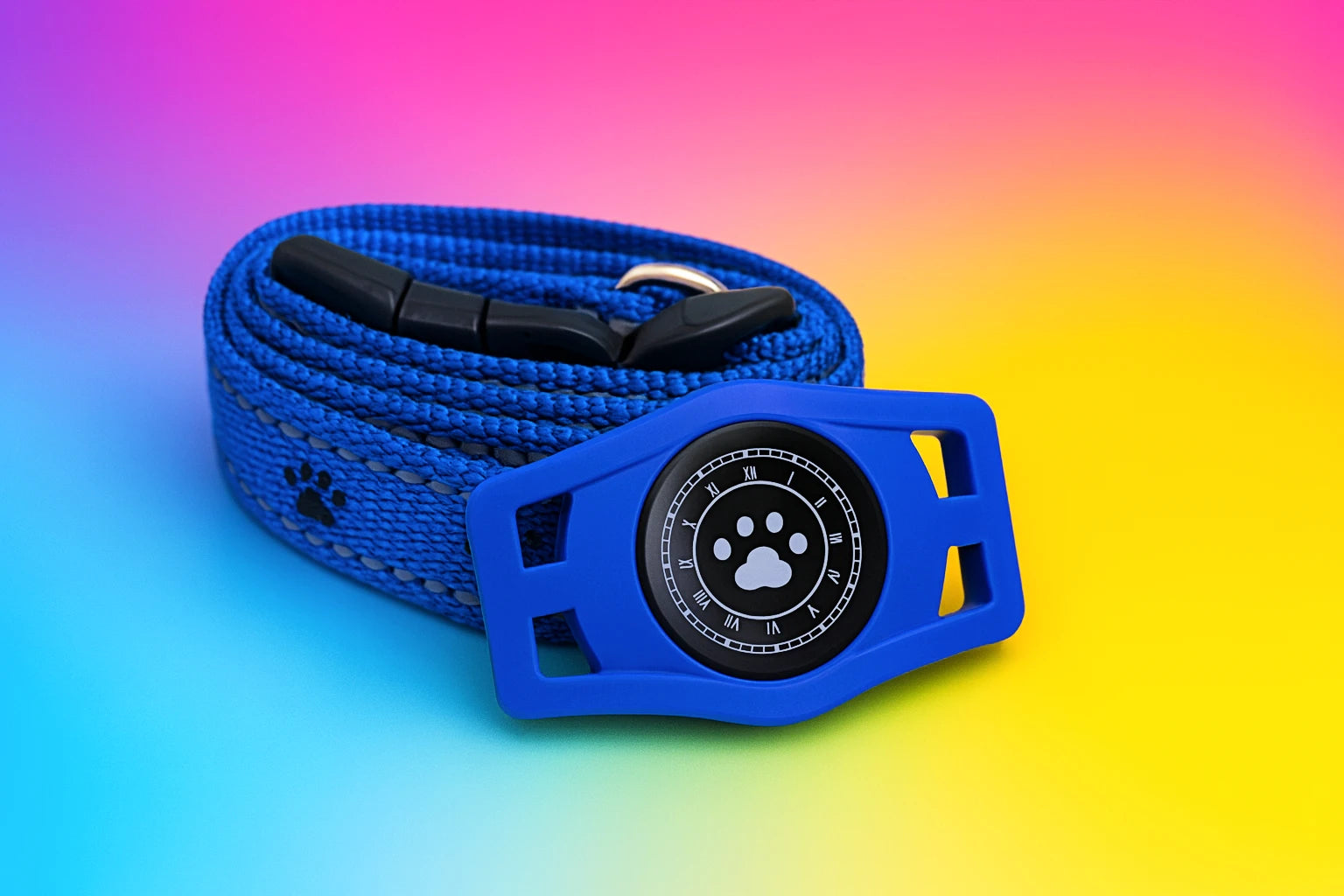 Blue dog leash with a paw print design on a gradient background