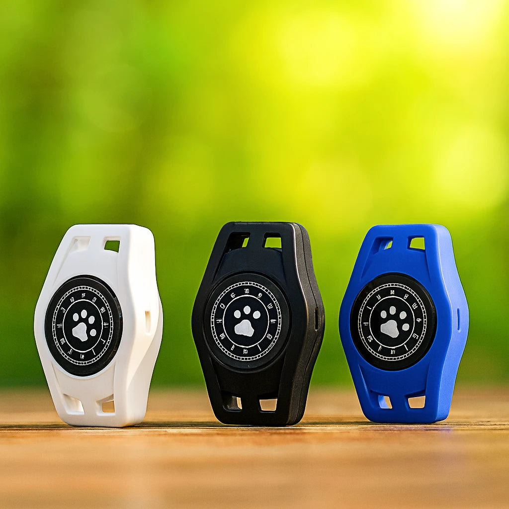 Three pet tracking devices in white, black, and blue on a wooden surface with a blurred green background.