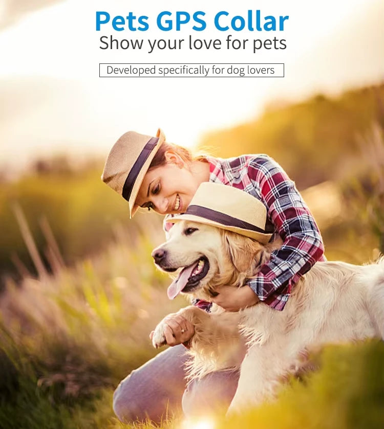 Person and dog in a field with text about Pets GPS Collar