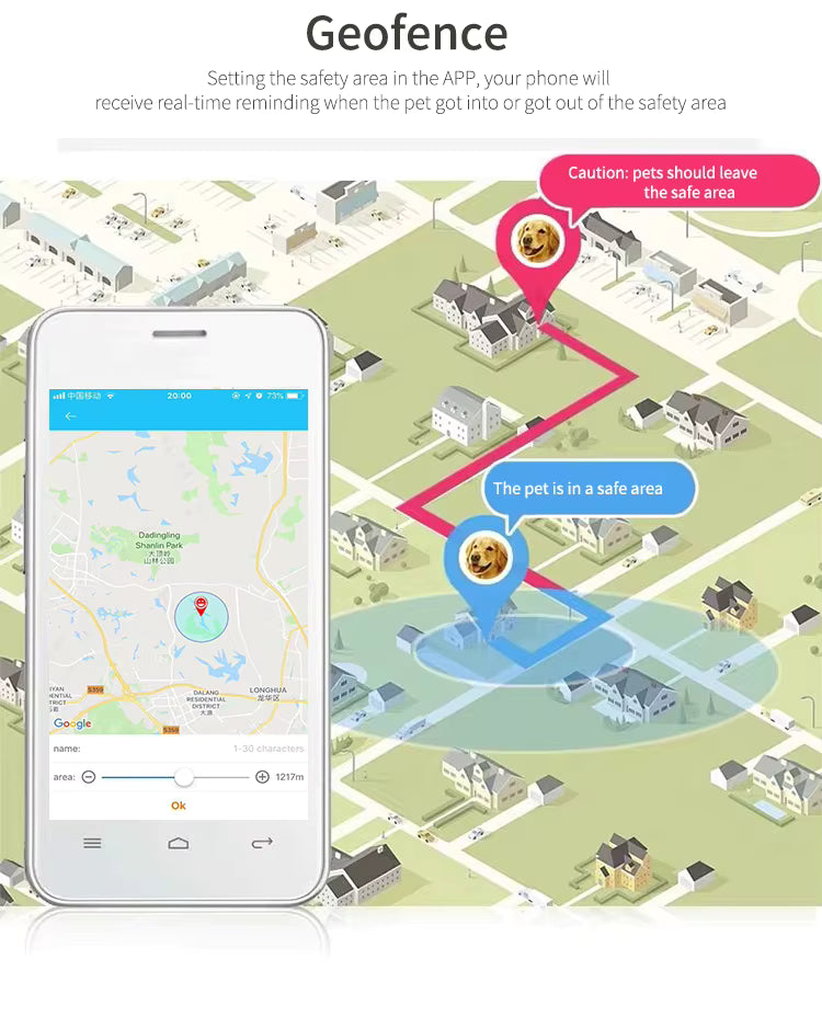 Geofence app on a smartphone with a map showing a pet's safe area.