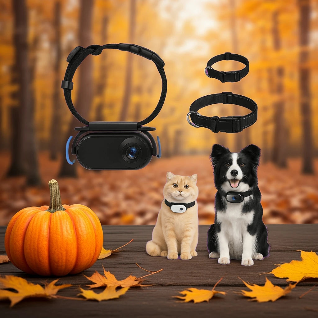 Pet collars with a pumpkin and leaves on a wooden surface with a forest background