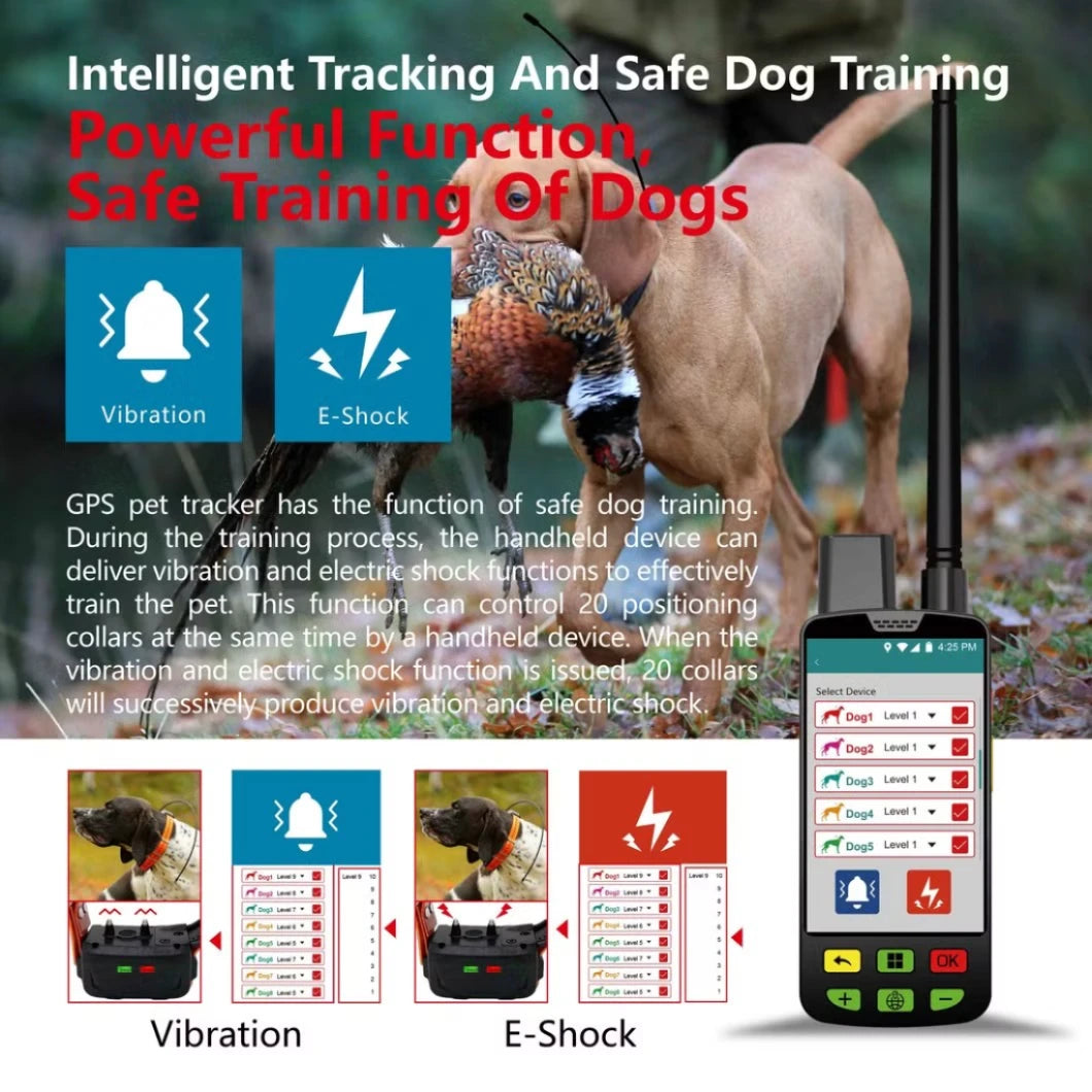 GPS pet tracker with vibration and e-shock functions for dog training, displayed on a white background.
