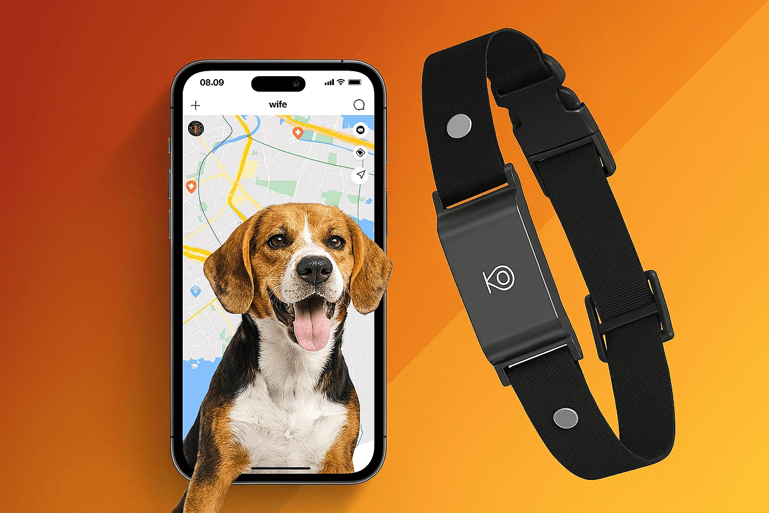 Smart dog collar with smartphone app displaying a dog's face on an orange background