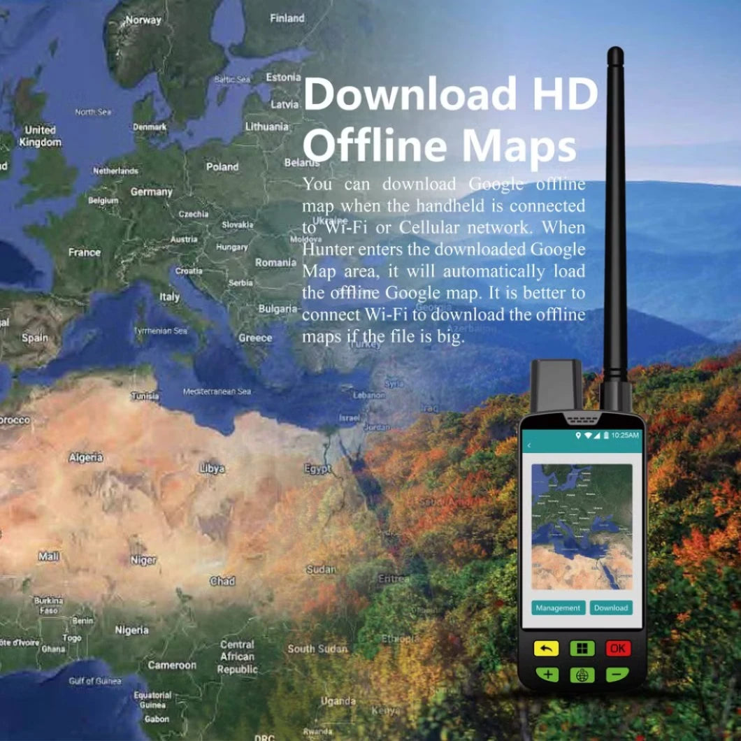 Map with a handheld GPS device displaying a map, against a scenic background.