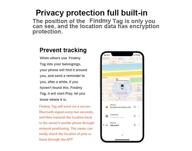 Phone screen displaying Findmy app with text about privacy protection and tracking features.