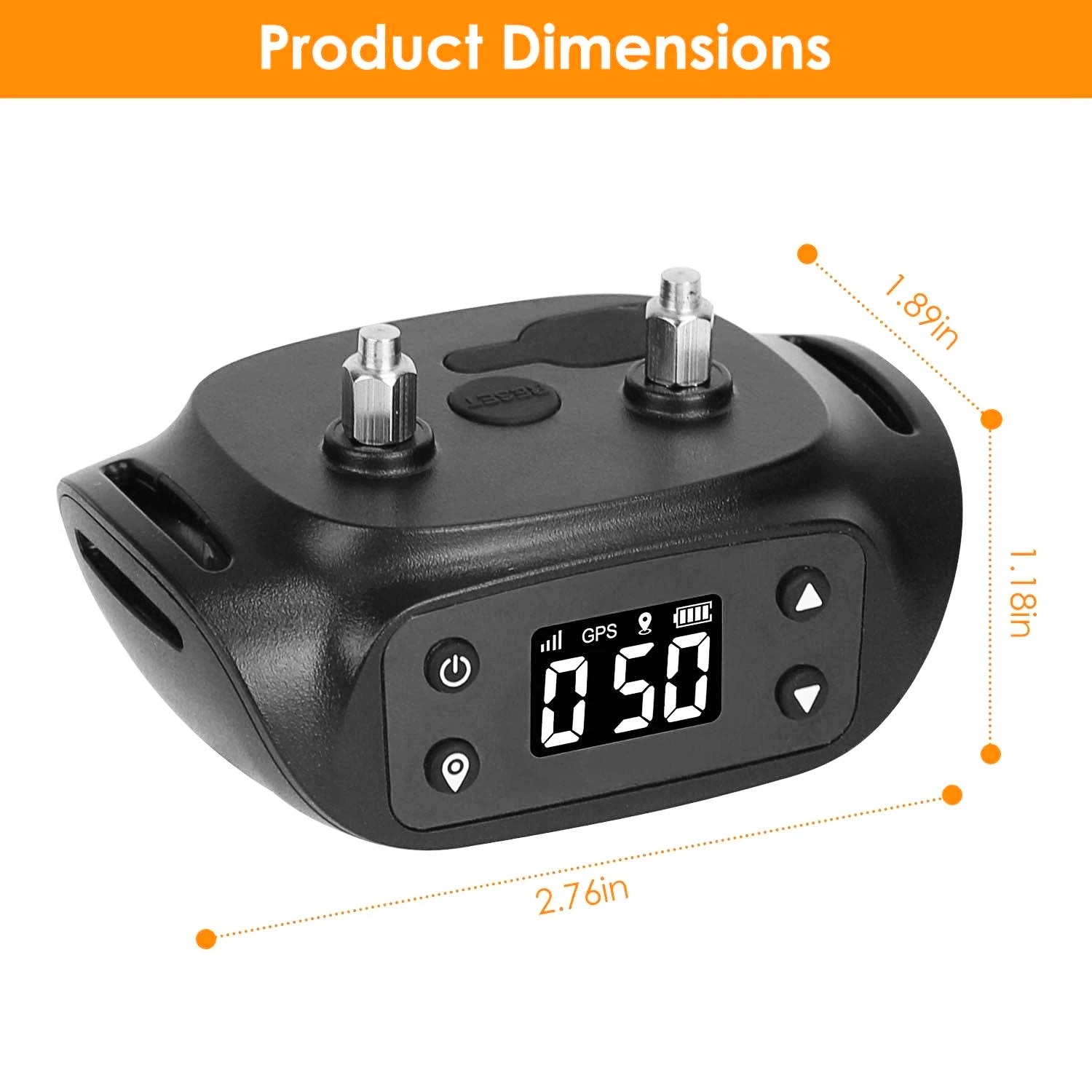 Black electronic device with digital display and measurement details on a white background