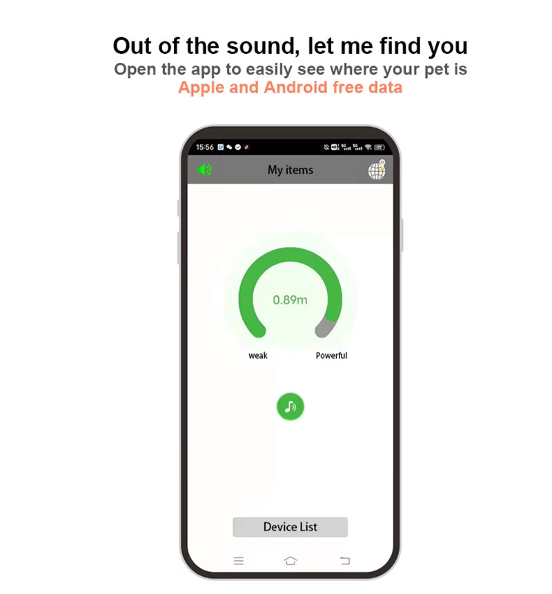 Phone screen displaying a sound level app with a green loading circle and text about finding a pet.