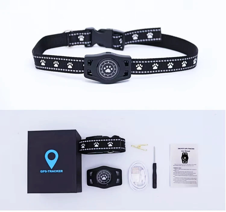 Pet GPS tracker with packaging, collar, and accessories on a white background