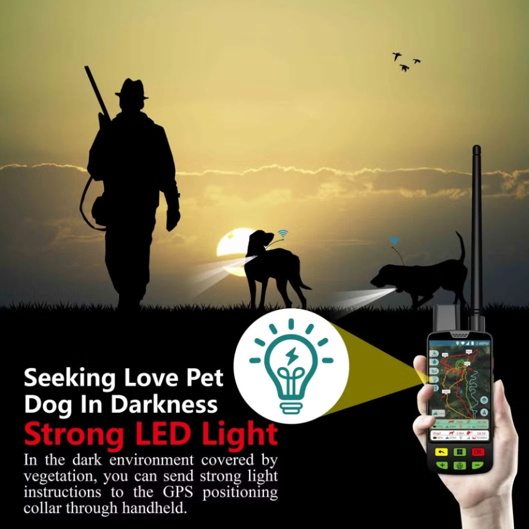Silhouette of a person with a dog and a smartphone in a field at sunset, with text about a pet device.