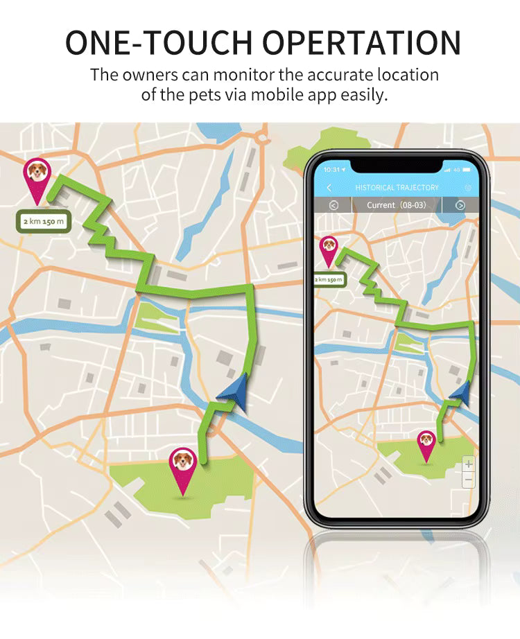 Smartphone displaying a mobile app for tracking pet location on a map with route and distance indicators.