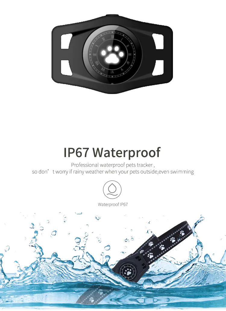 Black pet tracker with paw print design, surrounded by water splashes, on a white background.